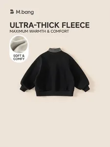 Kids black long sleeve fleece sweatshirt with striped mock neck and warm thick inner lining