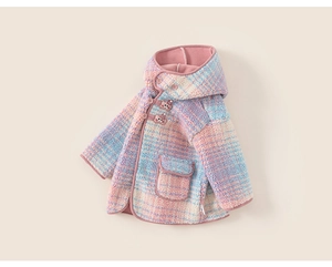 Detail of soft fleece rainbow jacket featuring 3D bear buttons and hooded design