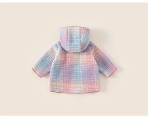 Detailed back view of a rainbow plaid sherpa fleece hooded jacket with soft plush texture