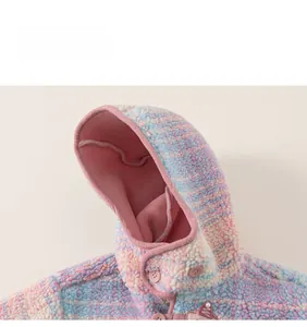 Detail view of pink and blue plush fleece girls hooded jacket with button collar