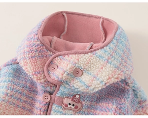 Detail of warm rainbow faux fur kid coat with plush lining and cute pearl patch