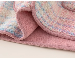 Detail showing the thick rainbow sherpa fleece texture and soft pink polar lining