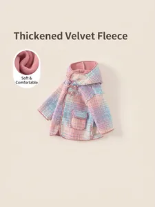 Cute thick rainbow plush hooded jacket for girls with warm fleece lining and buttons