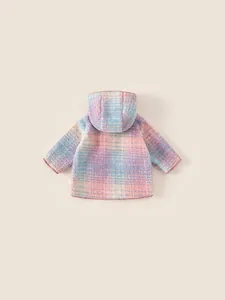Cute girls rainbow fleece hooded jacket with colorful pastel plaid patterns for winter warmth