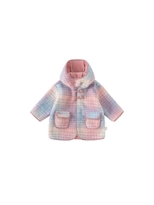 Cute girls rainbow fleece hooded jacket with soft pastel plaid pattern and bear button detail