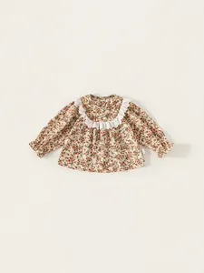 Chemisier Floral Vintage Pastoral pour Filles Bordure en Dentelle Manches Longues Poignets Volants Polyester Enfants Top Automne