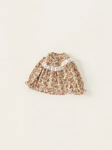 Chemisier à fleurs pour fille à manches longues avec col en dentelle blanche et volants