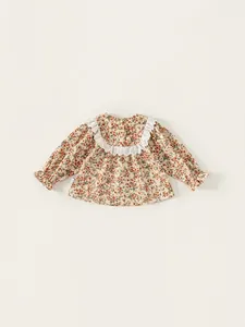 Chemisier à fleurs pour filles avec col en dentelle beige et orange style vintage
