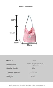 Tableau des tailles détaillé pour cabas en toile à carreaux, largeur 28cm et hauteur 31cm
