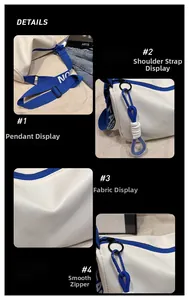 Détails du sac décontracté avec bandoulière bleue réglable et tissu texturé blanc