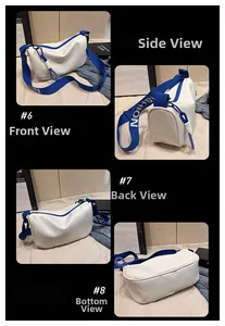 Quatre vues d'un sac bandoulière blanc en demi-lune avec bordure bleue et sangle