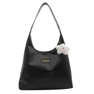 Minimalist black large capacity tote bag in glossy PU leather with plush charm