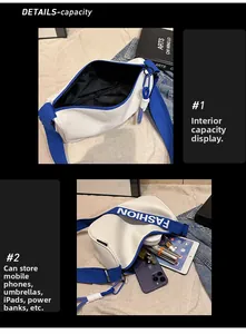 Vue détaillée de l'intérieur du sac blanc avec une sangle bleue et sa grande capacité