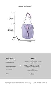 Tabla de tallas detallada para bolso bandolera de nailon morado de 17x25x3 cm