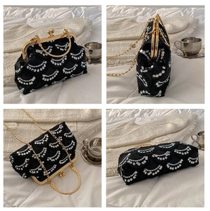 Detailed four-way view showing the black lace embroidery and sequin patterns on the bag