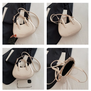 Detailed views of creamy white crescent handbag showing size contrast and interior