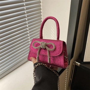 Mini Sac à Épaule Nœud Papillon Strass Pailleté pour Femmes Sac à Bandoulière en Cuir PU Paillettes avec Chaîne en Métal