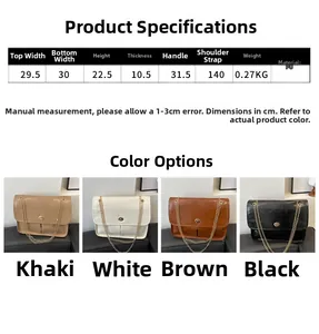 Size chart showing PU leather shoulder bag dimensions with chain strap and four color options
