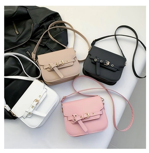 Flache Ansicht kleiner halbrunder Satteltaschen in Beige, Schwarz, Weiß und Rosa mit Schnalle