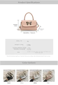 Pink PU leather handbag with metal bow detail, crossbody strap and size chart specs