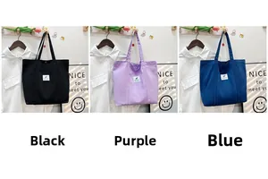 Detailed comparison of canvas tote bags in black, purple, and blue color options