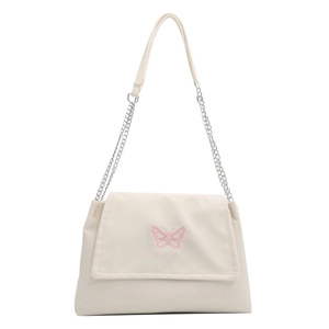 Minimalist creamy white shoulder bag with pink butterfly embroidery and silver chain strap