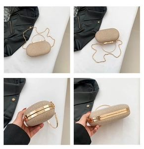 Detail of champagne gold evening bag with woven texture, metal ring handle and bow clasp