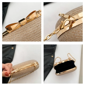 Detail view of champagne gold sequin evening bag showing bow clasp and metal chain strap
