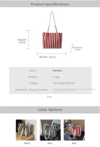 Detailed size chart and multi-color view of striped canvas tote bag with chain strap