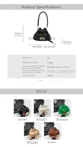 Detailed size chart for minimalist PU bucket bag with H-buckle and five color options