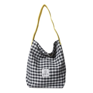Sac cabas à carreaux noir et blanc avec anses jaune vif et écusson carré EMIS stylé