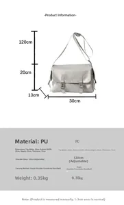 Detailed size chart for minimalist grey PU leather messenger bag with dimensions