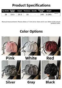 Tableau des tailles et dimensions du sac seau à paillettes en rose, argent et noir