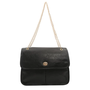 Classic black PU leather shoulder bag with gold chain strap and elegant metal twist lock