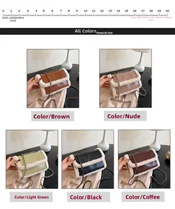 Collage van crossbodytassen met pluche rand in vijf kleuren en 20cm liniaal voor de afmeting