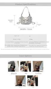 Detailed size specifications for the mini bow handbag with strap and color options