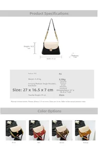 Detailed size specifications and color options for the bicolor faux leather shoulder bag