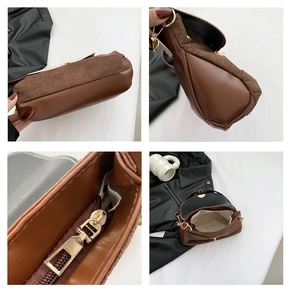 Detailed views of brown patchwork bag featuring gold zippers and spacious interior storage