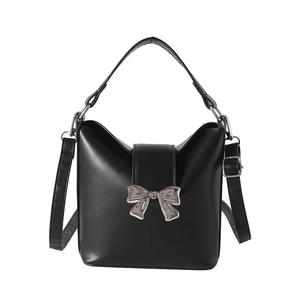 Elegant black bucket handbag with silver butterfly bow and adjustable shoulder strap