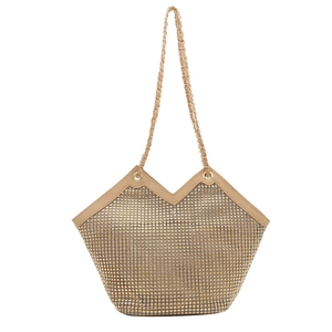 Sac fourre-tout scintillant en strass doré champagne avec ouverture en V et chaîne
