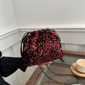 Sac Seau à Paillettes à la Mode pour Femmes Sac à Épaule avec Cordon de Serrage Sac à Main de Soirée Scintillant Décontracté Polyvalent