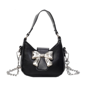 Fashionable black PU leather hobo bag with silver bow decoration and chain strap