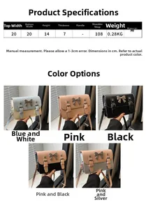 Detailed size specifications and five color variants of the bow-knot small square bag