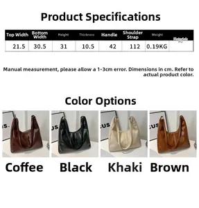 Detailed size chart for minimalist PU tote bag showing dimensions and colors