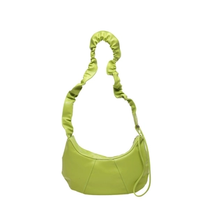 Fruit green ruched dumpling bag with crescent shape and ruffled shoulder strap detail