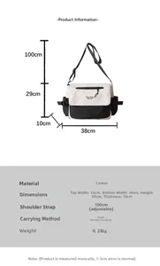 Detailed size specifications for the black and white canvas messenger bag with dimensions