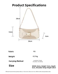 Detailed size chart and specifications of the beige PU leather shoulder underarm bag