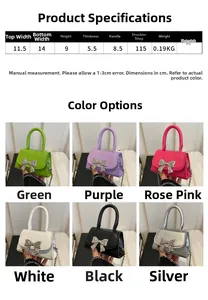 Size guide for mini PU crossbody bag with dimensions and six candy color options