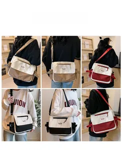 Multiple views of fashion canvas messenger bags in color-block designs on a model
