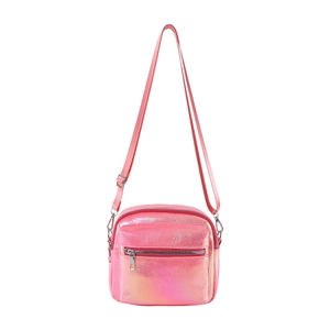 Borsa a tracolla quadrata rosa laser metallizzato con tasca a zip e tracolla
